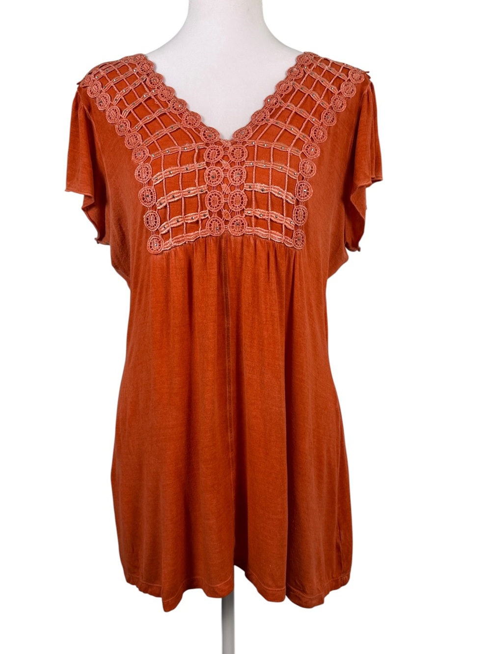 Energe Lace-Studded Orange Boho Crochet Yoke Tunic Top in Rust Size PL